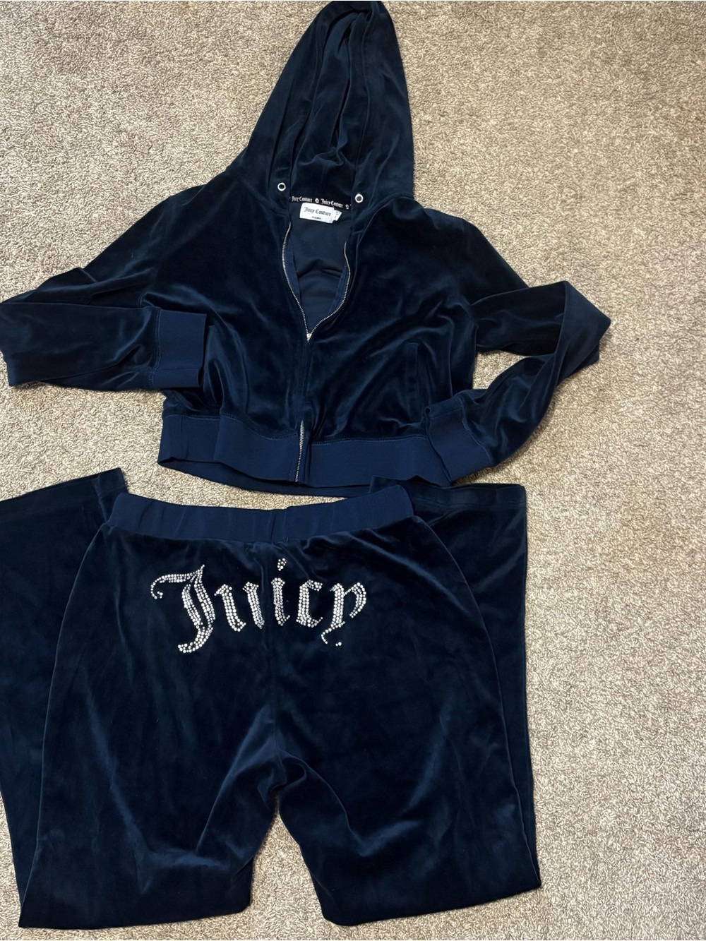 Juicy Couture Y2K Navy Velour Hoodie and Joggers Set with Rhinestone Logo
